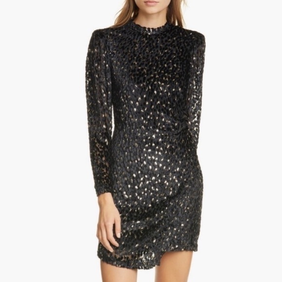 A.L.C. New Jane Velvet Long Sleeve Black Metallic Gold Mini Dress Size 14 - Picture 2 of 13